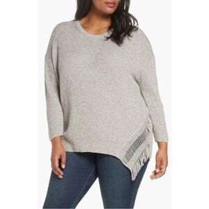 Nic + Zoe Gray Asymmetrical Hem Fringe Times Crew Neck Sweater